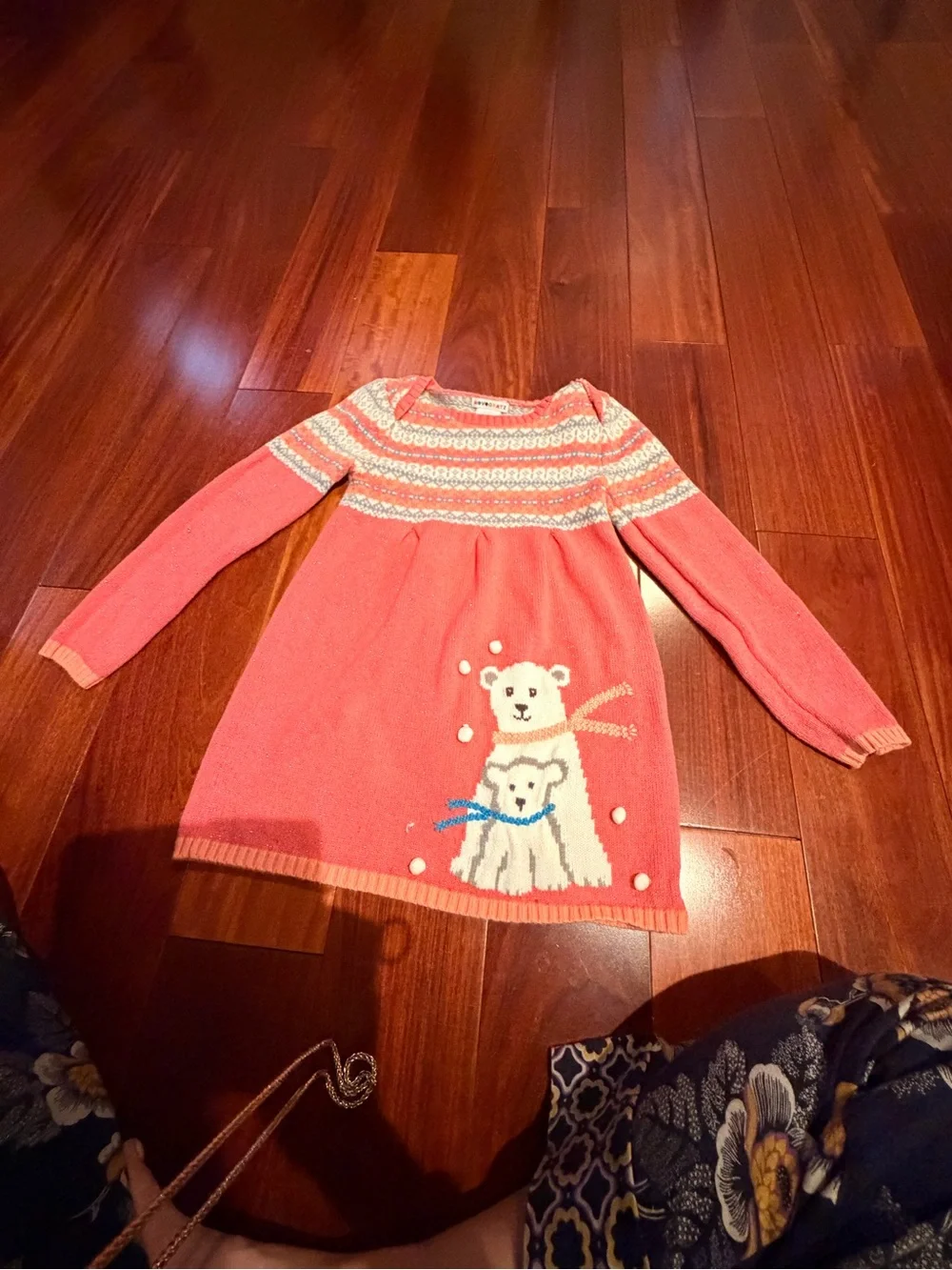 Girls Coral Knit Polar Bear Sweater Dress